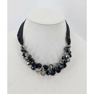 Ali-Kahn N.Y. Crystal Cluster Bead Necklace Black Silver Clear Ribbon Adjustable